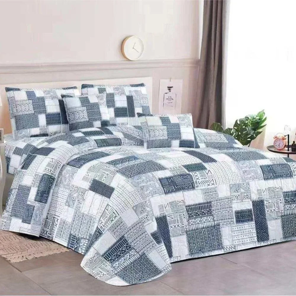 Gray Geometric Quilt Set 3PC Warm Quilted Bedding Queen King Tribal Pattern